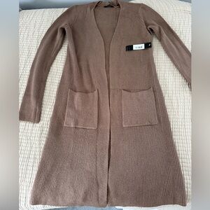 Cyrus Long Open-Front Cardigan in Brown